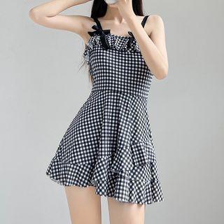Spaghetti-strap Gingham Swim Dress