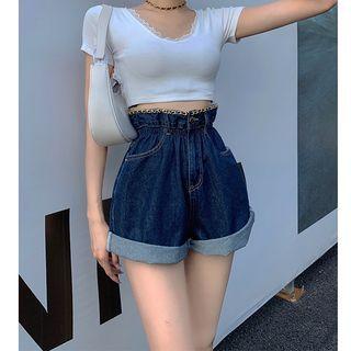 Chain-waistline Paperbag High-waist Rolled Denim Hot Shorts