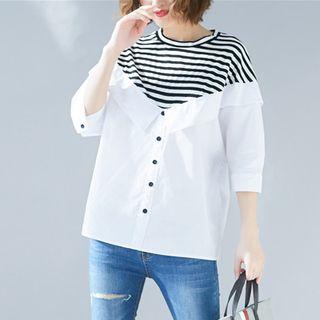 Striped Panel Round-neck Shirt White - L