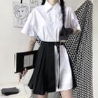 Short Sleeve Plain Shirtdress / Pleated A-line Wrapped Skirt