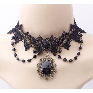 Embellished Pendant Lace Choker Black - One Size