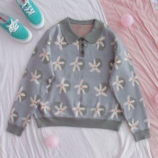 Polo-neck Flower Print Sweater Gray - One Size