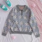 Polo-neck Flower Print Sweater Gray - One Size