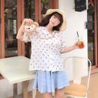 Elbow-sleeve Strawberry Patterned Shirt / A-line Mini Skirt