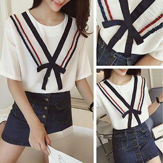 Elbow-sleeve Pleated Trim T-shirt