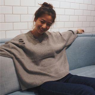 Drop Shoulder Distressed Sweater