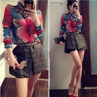 Set: Floral Print Chiffon Shirt + Patterned Skort