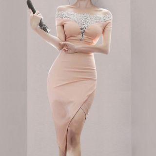 Short-sleeve Off-shoulder Lace Trim Slit Sheath Dress
