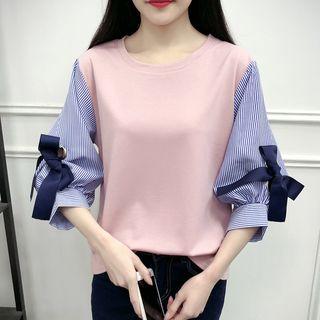 Striped-sleeve Bow Blouse