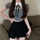 Short-sleeve Bow-neck Crop Top Gray - One Size