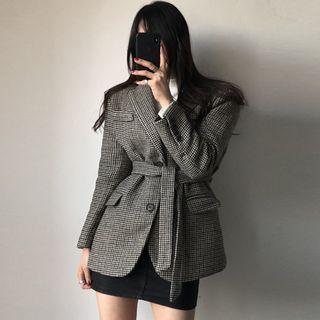 Tie-waist Houndstooth Woolen Jacket