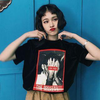 Printed Elbow Sleeve Velvet T-shirt