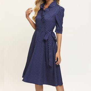 Elbow-sleeve Dotted Ruffled A-line Dress