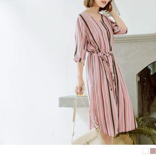 Contrast Stripe Tie Waist Dress