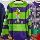 Ice Cream Embroidered Striped Sweater Green - One Size