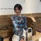 Round-neck Color-block Tie-dye Split Cropped Top