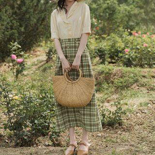 Set: Elbow-sleeve Shirt + Plaid Midi Skirt
