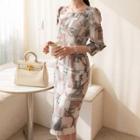 Square-neck Patterned Sheath Dress