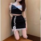 Two-tone Panel Cold-shoulder Cropped Top / Lace Trim Lace-up Mini Pencil Skirt