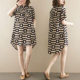 Short-sleeve Patterned A-line Dress Khaki & Black - One Size