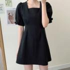 Puff Sleeve Square Neck Plain Mini A-line Dress