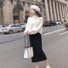 Set: Cold Shoulder Sweater + Midi Pencil Skirt Sweater - Off-white / Skirt - Black - One Size