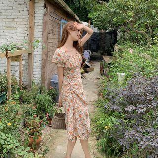 Square-neck Floral Pleated A-line Dress