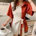 Short-sleeve Tie-waist Two-tone Mini Shirtdress