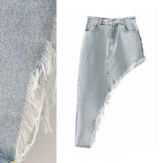 Asymmetrical Tassel Trim Denim Pencil Skirt