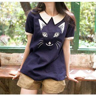 Short-sleeve Embroidery Cat Top