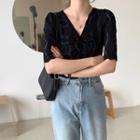 Short-sleeve V-neck Perforated Lace Top
