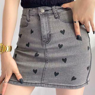 Heart Print Pencil Denim Skirt