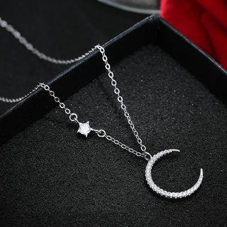 925 Sterling Silver Moon & Star Pendant Necklace Silver & Gift Case - One Size