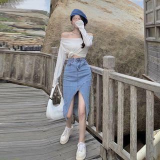 Slit Denim Midi Skirt / Long-sleeve T-shirt
