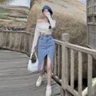 Slit Denim Midi Skirt / Long-sleeve T-shirt