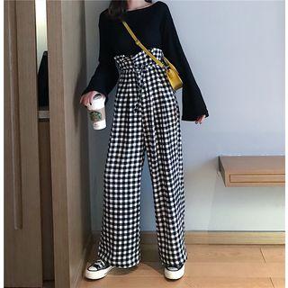 Long-sleeve Open Knit Top / Plaid Wide-leg Pants