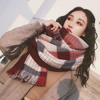 Plaid Fringed Shawl Red & Khaki - One Size