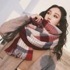Plaid Fringed Shawl Red & Khaki - One Size
