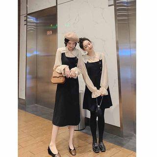 Set: Ruffle Trim Blouse + Jumper A-line Dress