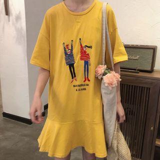 Short-sleeve Embroidered Flared T-shirt Dress