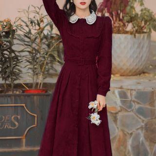 Long-sleeve Lace Collar Midi A-line Shirt Dress