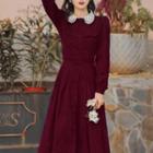 Long-sleeve Lace Collar Midi A-line Shirt Dress