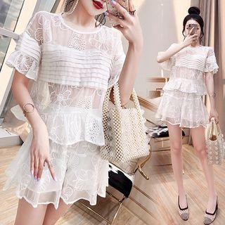 Set: Short-sleeve Embroidered Chiffon Top + Wide-leg Shorts