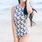 Leaf Print Open Back Swimsuit