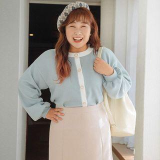 Plus Size Round-neck Piped Cardigan
