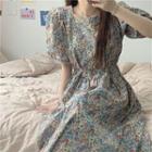 Puff-sleeve Tie-waist Floral Printed Dress As Shown In Figure - One Size