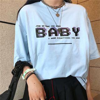 Couple Matching Elbow-sleeve Letter T-shirt Blue - One Size