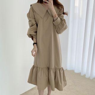 Lantern-sleeve Collared Ruffle Hem Midi Dress
