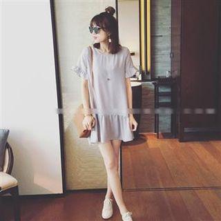 Short-sleeve Cross Strap Ruffle Dress Gray - One Size