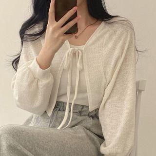Long-sleeve Plain Lace Up Cardigan